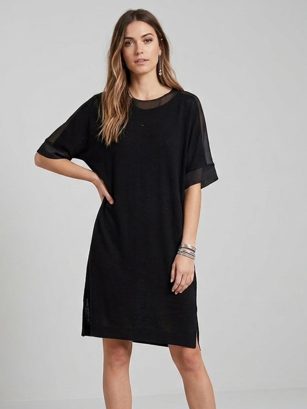 Vtg Tom And Linda Platt Black Short Sleeve Lagenlook Silk Trim Crepe Tunic Dress